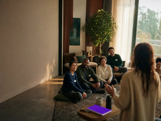 Participantes em roda durante workshop para organizações